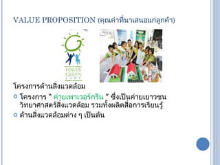 VALUE PROPOSITION ( คุณค่าที่นาเสนอแก่ลูกค้า )  โครงการด้านสิ่งแวดล้อม โครงการ  “   ค่ายเพาเวอร์กรีน  ”  ซึ่งเป็นค่ายเยาวชนวิทยาศาสตร์สิ่งแวดล้อม รวมทั้งผลิตสื่อการเรียนรู้ ด้านสิ่งแวดล้อมต่าง ๆ เป็นต้น 