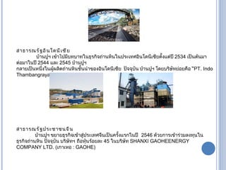 สาธารณรัฐอินโดนีเซีย บ้านปูฯ เข้าไปมีบทบาทในธุรกิจถ่านหินในประเทศอินโดนีเซียตั้งแต่ปี  2534  เป็นต้นมา ต่อมาในปี  2544  และ  2545  บ้านปูฯ กลายเป็นหนึ่งในผู้ผลิตถ่านหินชั้นนำของอินโดนีเซีย  ปัจจุบัน บ้านปูฯ โดยบริษัทย่อยคือ  “ PT. Indo Thambangraya Megah Tbk.” สาธารณรัฐประชาชนจีน บ้านปูฯ ขยายธุรกิจเข้าสู่ประเทศจีนเป็นครั้งแรกในปี   2546  ด้วยการเข้าร่วมลงทุนในธุรกิจถ่านหิน  ปัจจุบัน บริษัทฯ  ถือหุ้นร้อยละ  45  ในบริษัท  SHANXI GAOHEENERGY COMPANY LTD. ( เกาเหอ  :  GAOHE)  