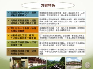 12
方案特色
 改變觀光單一訴求，創新
鄉村發展新模式
突破發展客庄觀光經濟之單一訴求，改以結合自然、人文
及產業，再造客庄新生命，建立臺灣鄉村發展新模式。
 突破個案計畫限制，規劃
國家級大型跨域整合計畫
 深化地方人才參與，強健
永續發展基礎
 推動最適化工程，運用
大地園藝鮮活臺三線景觀
 建立青年支持體系，打造
幸福臺三線
 架構區域治理平臺，發揮
資源整合綜效
改變單點式亮點產業輔導、硬體設施補助、觀光旅遊行銷
推廣之個案計畫，擴大為結合生活、文化、生態、產業與
觀光的大型跨域整合計畫。
深度鏈結在地組織、人才，強化社區參與機制，政策措施
符合在地住民需求，奠基永續發展動能。
以「最適化(Optimization)」工程出發，優化臺三線客庄
視覺景觀，同時復育自然生態，打造臺三線縱谷地景園藝。
建立完整青年創新創業支持體系，促進在地生活與產業結
合，營造青年返鄉、留鄉及下鄉之友善環境。
以區域聯合治理概念，進行臺三線行政部門之整合與特色
規劃，串聯中央及地方政府的力量，連結民間文化鏈及產
業鏈。
行
政
院
行
政
院
第
3506次
院
會
會
議
D6E8C550BE871BBB
 