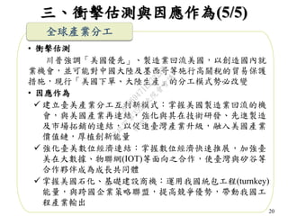 20
三、衝擊估測與因應作為(5/5)
全球產業分工
• 衝擊估測
川普強調「美國優先」、製造業回流美國，以創造國內就
業機會，並可能對中國大陸及墨西哥等施行高關稅的貿易保護
措施，現行「美國下單、大陸生產」的分工模式勢必改變
• 因應作為
 建立臺美產業分工互利新模式：掌握美國製造業回流的機
會，與美國產業再連結，強化與其在技術研發、先進製造
及市場拓銷的連結，以促進臺灣產業升級，融入美國產業
價值鏈，厚植創新能量
 強化臺美數位經濟連結：掌握數位經濟快速推展，加強臺
美在大數據、物聯網(IOT)等面向之合作，使臺灣與矽谷等
合作夥伴成為成長共同體
 掌握美國石化、基礎建設商機：運用我國統包工程(turnkey)
能量，與跨國企業策略聯盟，提高競爭優勢，帶動我國工
程產業輸出
行
政
院
行
政
院
第
3523次
院
會
會
議
C8A069471E2732EB
 