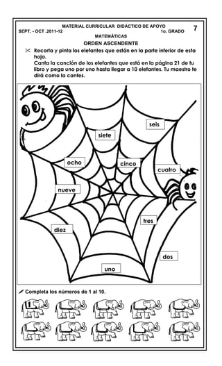 MATERIAL CURRICULAR DIDÁCTICO DE APOYO
SEPT. - OCT .2011-12 1o. GRADO
MATEMÁTICAS
ORDEN ASCENDENTE
 Recorta y pinta los elefantes que están en la parte inferior de esta
hoja.
Canta la canción de los elefantes que está en la página 21 de tu
libro y pega uno por uno hasta llegar a 10 elefantes. Tu maestro te
dirá como la cantes.
 Completa los números de 1 al 10.
7
seis
ocho
siete
dos
tres
cuatro
cinco
uno
diez
nueve
seis
siete
ocho
 