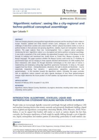 NEW #JOURNAL ARTICLE #ONLINE OUT NOW! ✅ 'Algorithmic Nations: Seeing Like a City-Regional and Techno-Political Conceptual Assemblage' article published in the journal Regional Studies, Regional Science in Open Access
