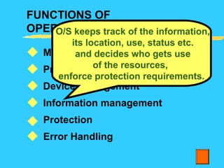 FUNCTIONS OF
OPERATING SYSTEM
Memory management
Process management
Device management
Information management
Protection
Error Handling






O/S keeps track of the information,
its location, use, status etc.
and decides who gets use
of the resources,
enforce protection requirements.
 