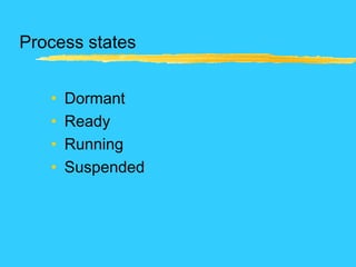 Process states
• Dormant
• Ready
• Running
• Suspended
 