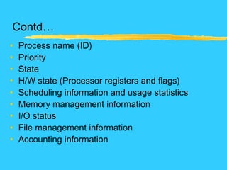 Contd…
• Process name (ID)
• Priority
• State
• H/W state (Processor registers and flags)
• Scheduling information and usage statistics
• Memory management information
• I/O status
• File management information
• Accounting information
 