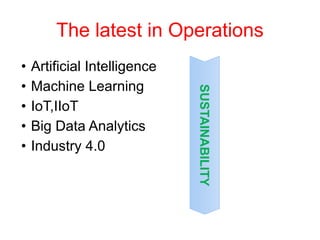 The latest in Operations
• Artificial Intelligence
• Machine Learning
• IoT,IIoT
• Big Data Analytics
• Industry 4.0
SUSTAINABILITY
 