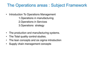 The Operations areas : Subject Framework
• Introduction To Operations Management
1.Operations in manufacturing
2.Operations in Services
3.Operations strategy
• The production and manufacturing systems.
• The Total quality control studies.
• The lean concepts and six sigma introduction
• Supply chain management concepts
3
 