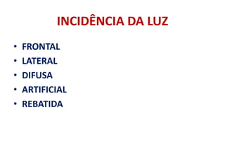 INCIDÊNCIA DA LUZ
•   FRONTAL
•   LATERAL
•   DIFUSA
•   ARTIFICIAL
•   REBATIDA
 