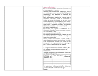 de procedimientos
Una vez recopilada toda la información relacionada con
el proceso, artefacto o servicio
innovador, conviene analizarla. El análisis se hace en
dos sentidos: para conocer la confiabilidad de la propia
información y para determinar la viabilidad del
proyecto, y los
pasos necesarios para su aplicación. El primer paso es
importante, sobre todo, cuando la información se
obtiene de Internet. La llamada red de redes es en
realidad un servicio de acceso público y, por lo general,
sin restricciones. Por ello, cualquier persona puede
crear un sitio o una página electrónica que contenga
información no verídica o que solo corresponde
a la opinión de quien la creó.
Una medida para asegurar la confiabilidad de la
información obtenida en Internet consiste en contrastar
dos o tres páginas o sitios
que contengan información similar.
Por supuesto, cuando la información se obtiene del sitio
de una institución oficial y confiable o con la que se
tienen tratos comerciales
directos, este paso puede omitirse. También, cuando se
tienen algunos otros medios para confirmar la validez
de la información de Internet, como cuando el sitio
corresponde a una empresa conocida por su prestigio o
por la solidez de la información que presenta.
1. Después de realizar la lectura anterior, haz
una búsqueda en Internet sobre la historia de las
computadoras.
❯ Crea un documento en un procesador de textos y haz
una tabla como la siguiente.
PÁGINAS O
FUENTES DE
INFORMACIÓN
CARACTERÍSTICAS CON
FIABILIDAD
En la primera columna anota los sitios que
pueden ofrecerte la información que
buscas.
 