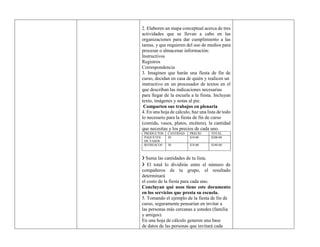 2. Elaboren un mapa conceptual acerca de tres
actividades que se llevan a cabo en las
organizaciones para dar cumplimiento a las
tareas, y que requieren del uso de medios para
procesar o almacenar información:
Instructivos
Registros
Correspondencia
3. Imaginen que harán una fiesta de fin de
curso, decidan en casa de quién y realicen un
instructivo en un procesador de textos en el
que describan las indicaciones necesarias
para llegar de la escuela a la fiesta. Incluyan
texto, imágenes y notas al pie.
Comparten sus trabajos en plenaria
4. En una hoja de cálculo, haz una lista de todo
lo necesario para la fiesta de fin de curso
(comida, vasos, platos, etcétera), la cantidad
que necesitas y los precios de cada uno.
PRODUCTOS CANTIDAD PRECIO TOTAL
PAQUETES
DE VASOS
20 $10.00 $200.00
REFRESCOS 30 $18.00 $540.00
❯ Suma las cantidades de tu lista.
❯ El total lo dividirás entre el número de
compañeros de tu grupo, el resultado
determinará
el costo de la fiesta para cada uno.
Concluyan qué usos tiene este documento
en los servicios que presta su escuela.
5. Tomando el ejemplo de la fiesta de fin de
curso, seguramente pensarían en invitar a
las personas más cercanas a ustedes (familia
y amigos).
En una hoja de cálculo generen una base
de datos de las personas que invitará cada
 
