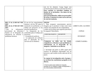 uno de los alumnos. Luego hagan una
invitación para la fiesta en una hoja de textos.
Para concluir la actividad combina el
diseño de tu invitación y los datos de los
destinatarios
para personalizarlas, utiliza un procesador
de textos. Comenten en clase acerca del uso
de esta herramienta.
DEL 17 AL 21 DE OCT DE
2022
DEL 24 AL 27 DE OCT DE
2022
Usan la información
proveniente de diferentes
fuentes en la búsqueda de
alternativas de solución a
problemas técnicos.
El uso de los conocimientos
técnicos y de las TIC para la
resolución de problemas y el
trabajo por proyectos en los
procesos productivos.
– La integración de los
contenidos para el trabajo por
proyectos.
– La gestión de archivos.
– La aplicación de software
para el desarrollo de los
servicios de la ofimática.
INICIO
1. Para recuperar conocimientos previos
Imagina que tu profesor te deja como tarea
realizar una maqueta de una computadora,
¿cuáles son los pasos que seguirías para hacer
la maqueta? Descríbelos.
PASOS PARA MAQUETA DESCRIPCIÓN
Comparan su tabla con los demás
compañeros y discuten a qué problemas se
enfrentarían en el desarrollo de su
maqueta. Anótenlos en su libreta.
2. Investigar qué pasos se debe seguir para
resolver un problema relacionado con un
proyecto y qué nombre recibe cada uno de los
pasos:
Se expone la investigación ante el grupo y
se escriben las conclusiones grupales en la
libreta.
3. De los pasos para realizar la maqueta,
escriban en su cuaderno cuáles corresponden a
los mencionados anteriormente.
LIBRETA DEL ALUMNO
COPIAS
INYERNET
COMPUTADORA
 
