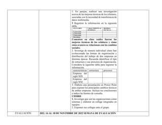 1. En parejas, realicen una investigación
acerca de las mejoras técnicas de los celulares,
asociadas con la necesidad de transferencia de
datos multimedia.
❯ Registren la información en la siguiente
tabla.
CELULARES CARACTERÍSTICAS
GENERALS
MEJORAS
TÉCNICAS
1ª generación
2ª generación
3ª generación
Smartphone
Comenten en clase cuáles fueron las
mejoras técnicas de los celulares y cómo
estos avances se relacionan con los cambios
sociales.
2. Investiga de manera individual cómo han
evolucionado las formas de organización y
distribución del trabajo de dos empresas en
distintas épocas. Recuerda identificar el tipo
de estructura y sus procesos de organización.
Considera la siguiente tabla para registrar la
información.
características estructura procesos
Empresa del
siglo XIX
Empresa del
siglo XXI
3. Elabora una presentación en Power Point
para exponer los principales cambios técnicos
de ambas empresas. Incluye tus conclusiones
e indica las fuentes de consulta.
CIERRE
1. Investigar que son las organizaciones como
sistemas y elaborar un collage integrados en
equipos.
2. Exponen sus collages ante el grupo.
EVALUACIÓN DEL 14 AL 18 DE NOVIMBRE DE 2022 SEMANA DE EVALUACIÓN
 