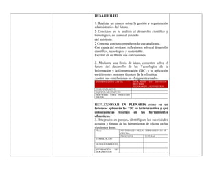 DESARROLLO
1. Realizar un ensayo sobre la gestión y organización
administrativa del futuro.
❯ Considera en tu análisis el desarrollo científico y
tecnológico, así como el cuidado
del ambiente.
❯ Comenta con tus compañeros lo que analizaste.
Con ayuda del profesor, reflexionen sobre el desarrollo
científico, tecnológico y sustentable.
Escribir en su libreta sus conclusiones.
2. Mediante una lluvia de ideas, comenten sobre el
futuro del desarrollo de las Tecnologías de la
Información y la Comunicación (TIC) y su aplicación
en diferentes procesos técnicos de la ofimática.
Anoten sus conclusiones en el siguiente cuadro.
DESARROLLO DE LAS TIC APLICACIÓN EN DISTINTOS
PROCESOS
TÉCNICOS DE LA OFIMÁTICA
TELEFONÍA MÓVIL
EQUIPOS DE CÓMPUTO
SOFTWARE PARA PROCESAR
DATOS
REFLEXIONAR EN PLENARIA cómo en un
futuro se aplicarán las TIC en la informática y qué
consecuencias tendrán en las herramientas
ofimáticas.
3. Integrados en parejas, identifiquen las necesidades
actuales y futuras de las herramientas de oficina en las
siguientes áreas.
Áreas NECESIDADES DE LAS HERRAMIENTAS DE
OFICINA
PRESENTES FUTURAS
COMNICACIÓN
ALMACENAMIENTO
GENERACIÓN DE
DOCUMENTOS
 