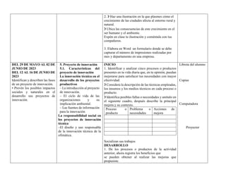 2. ❯ Haz una ilustración en la que plasmes cómo el
crecimiento de las ciudades afecta al entorno rural y
natural.
❯ Ubica las consecuencias de este crecimiento en el
ser humano y el ambiente.
Expón en clase tu ilustración y coméntala con tus
compañeros.
3. Elabora en Word un formulario donde se debe
capturar el número de impresiones realizadas por
mes y departamento en una empresa.
DEL 29 DE MAYO AL 02 DE
JUNIO DE 2023
DEL 12 AL 16 DE JUNIO DE
2023
Identifican y describen las fases
de un proyecto de innovación.
• Prevén los posibles impactos
sociales y naturales en el
desarrollo sus proyectos de
innovación.
5. Proyecto de innovación
5.1. Características del
proyecto de innovación
La innovación técnica en el
desarrollo de los proyectos
productivos
– La introducción al proyecto
de innovación.
– El ciclo de vida de las
organizaciones y su
implicación ambiental.
– Las fuentes de información
para la innovación
La responsabilidad social en
los proyectos de innovación
técnica
–El diseño y uso responsable
de la innovación técnica de la
ofimática.
INICIO
1. Identificar y analizar cinco procesos o productos
presentes en tu vida diaria que, en tu opinión, puedan
mejorarse para satisfacer tus necesidades con mayor
efectividad.
❯ Considera la descripción de las técnicas empleadas,
los insumos y los medios técnicos en cada proceso o
producto.
❯ Identifica posibles fallas o necesidades y anótalo en
el siguiente cuadro, después describe la principal
mejora y su contexto.
Proceso o
producto
Problema o
necesidades
Acciones de
mejora
Socializan sus trabajos
DESARROLLO
1. De los procesos o productos de la actividad
anterior, ahora registra los beneficios que
se pueden obtener al realizar las mejoras que
propusiste.
Libreta del alumno
Copias
Computadora
Proyector
 