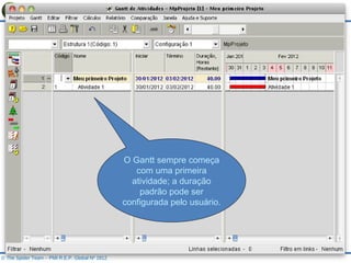 © The Spider Team – PMI R.E.P. Global Nº 1812 O Gantt sempre começa com uma primeira atividade; a duração padrão pode ser configurada pelo usuário. 