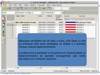 © The Spider Team – PMI R.E.P. Global Nº 1812 Manusear atividades de um lado a outro, criar fases e criar os primeiros links entre atividades no Spider é o primeiro choque cultural desta ferramenta. A prática leva à perfeição e há ganhos em produtividade no desenvolvimento de grandes cronogramas que serão discutidos em momento oportuno. 