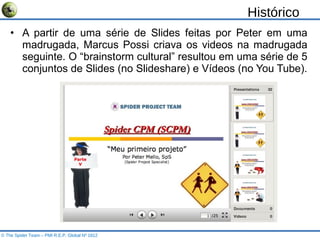 Histórico A partir de uma série de Slides feitas por Peter em uma madrugada, Marcus Possi criava os videos na madrugada seguinte. O “brainstorm cultural” resultou em uma série de 5 conjuntos de Slides (no Slideshare) e Vídeos (no You Tube). © The Spider Team – PMI R.E.P. Global Nº 1812 