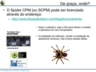 De graça, onde? O Spider CPM (ou SCPM) pode ser licenciado através do endereço: http://www.thespiderteam.com/blog/licenciamento   Após o cadastro, siga o link para baixar e instalar o aplicativo em seu computador. A instalação do software, similar à instalação de aplicativos diversos, não é tema destes slides. © The Spider Team – PMI R.E.P. Global Nº 1812 