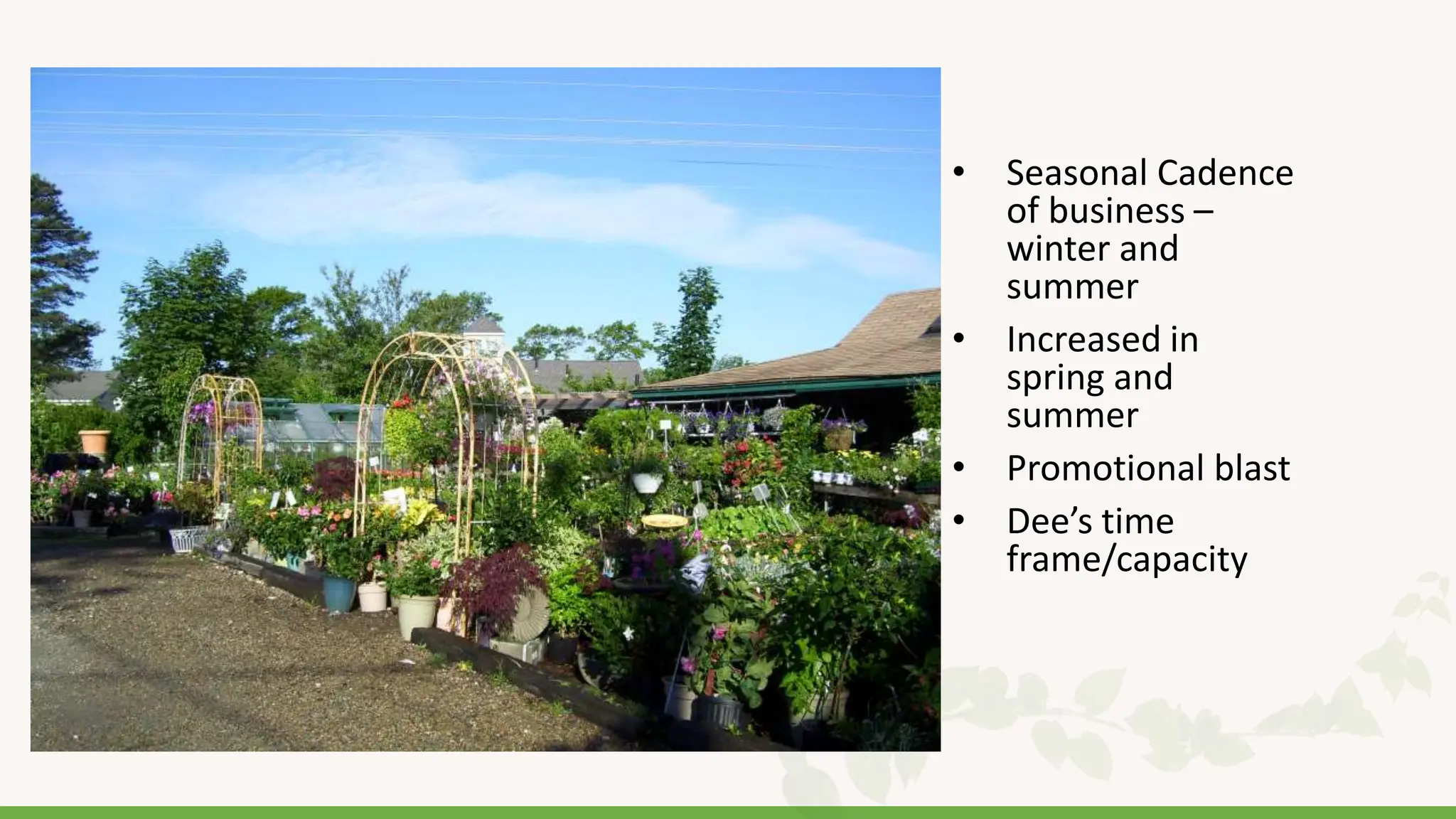 • Seasonal Cadence
of business –
winter and
summer
• Increased in
spring and
summer
• Promotional blast
• Dee’s time
frame/capacity
 