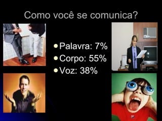 Como você se comunica? Palavra: 7% Corpo: 55% Voz: 38% 
