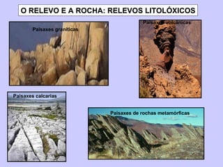 O RELEVO E A ROCHA: RELEVOS LITOLÓXICOS Paisaxes graníticas Paisaxes volcánicas Paisaxes calcarias Paisaxes de rochas metamórficas 