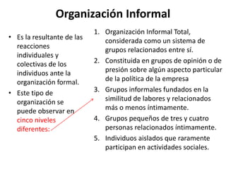 Organización Informal
• Es la resultante de las
reacciones
individuales y
colectivas de los
individuos ante la
organización formal.
• Este tipo de
organización se
puede observar en
cinco niveles
diferentes:
1. Organización Informal Total,
considerada como un sistema de
grupos relacionados entre sí.
2. Constituida en grupos de opinión o de
presión sobre algún aspecto particular
de la política de la empresa
3. Grupos informales fundados en la
similitud de labores y relacionados
más o menos íntimamente.
4. Grupos pequeños de tres y cuatro
personas relacionados íntimamente.
5. Individuos aislados que raramente
participan en actividades sociales.
 