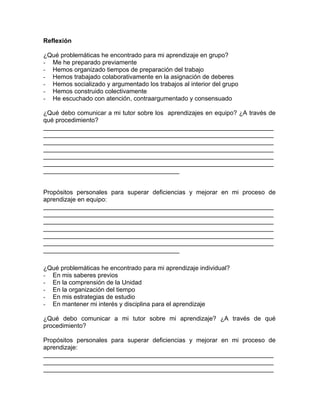Reflexión
¿Qué problemáticas he encontrado para mi aprendizaje en grupo?
- Me he preparado previamente
- Hemos organizado tiempos de preparación del trabajo
- Hemos trabajado colaborativamente en la asignación de deberes
- Hemos socializado y argumentado los trabajos al interior del grupo
- Hemos construido colectivamente
- He escuchado con atención, contraargumentado y consensuado
¿Qué debo comunicar a mi tutor sobre los aprendizajes en equipo? ¿A través de
qué procedimiento?
__________________________________________________________________
__________________________________________________________________
__________________________________________________________________
__________________________________________________________________
__________________________________________________________________
__________________________________________________________________
_______________________________________
Propósitos personales para superar deficiencias y mejorar en mi proceso de
aprendizaje en equipo:
__________________________________________________________________
__________________________________________________________________
__________________________________________________________________
__________________________________________________________________
__________________________________________________________________
__________________________________________________________________
_______________________________________
¿Qué problemáticas he encontrado para mi aprendizaje individual?
- En mis saberes previos
- En la comprensión de la Unidad
- En la organización del tiempo
- En mis estrategias de estudio
- En mantener mi interés y disciplina para el aprendizaje
¿Qué debo comunicar a mi tutor sobre mi aprendizaje? ¿A través de qué
procedimiento?
Propósitos personales para superar deficiencias y mejorar en mi proceso de
aprendizaje:
__________________________________________________________________
__________________________________________________________________
__________________________________________________________________
 