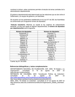 nombres lo indican, estas comisiones permiten el estudio de temas centrales de la
administración departamental.
El gobierno departamental está determinado por las relaciones que se dan entre el
Gobernador y su equipo de gobierno y la Asamblea.
De acuerdo con los parámetros establecidos en la Ley 617 de 200, las Asambleas
se conformarán por el siguiente número de diputados:
“Artículo transitorio. Mientras se expide la ley orgánica de ordenamiento
territorial, o la ley que regule el régimen departamental, el número de diputados
por departamentos será el siguiente:
Número de diputados Número de diputados
Amazonas 11 Guaviare 11
Antioquia 29 La Guajira 15
Arauca 11 Magdalena 16
Atlántico 19 Meta 15
Bolívar 18 Nariño 17
Boyacá 18 Norte de Santander 17
Caldas 16 Putumayo 13
Caquetá 15 Quindío 15
Casanare 11 Risaralda 16
Cauca 16 San Andrés 11
Cesar 16 Santander 19
Córdoba 17 Sucre 15
Cundinamarca 19 Tolima 17
Chocó 15 Valle 25
Huila 16 Vaupés 11
Guainía 11 Vichada 11
Fuente: ley 617 de 2000
Referencias bibliográficas y textos complementarios
DEPARTAMENTO NACIONAL DE PLANEACIÓN, CAF, 2005, “El Estado y su
organización”, consultada el 16 de agosto de 2007 en
www.dnp.gov.co/documentos
REPÚBLICA DE COLOMBIA, 2007, “Constitución Política de Colombia”,
consultado el 15 de agosto de 2007 en
http://pdba.georgetown.edu/Constitutions/Colombia/col91.html
http://www.lablaa.org/blaavirtual/ayudadetareas/poli/poli49.htm
IDEA, 2003, “El Estado en Colombia”, consultado el 27 de agosto de 2007 en
http://docencia.udea.edu.co/derecho/constitucion/organizacion_estado_colombian
o.html
 