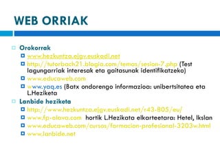 WEB ORRIAK Orokorrak www.hezkuntza.ejgv.euskadi.net http://tutorbach21.blogia.com/temas/sesion-7.php   (Test lagungarriak interesak eta gaitasunak identifikatzeko) www.educaweb.com w ww.yaq.es   (Batx ondorengo informazioa: unibertsitatea eta L.Heziketa Lanbide heziketa http://www.hezkuntza.ejgv.euskadi.net/r43-805/eu / www.fp-alava.com   hortik L.Hezikata elkarteetara: Hetel, Ikslan  www.educaweb.com/cursos/formacion-profesional-3203 w.html www.lanbide.net 