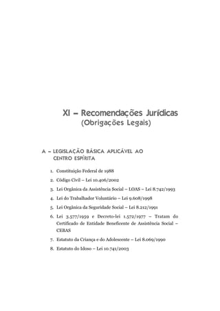 XI – Recomendações Jurídicas
(Obrigações Legais)
A – LEGISLAÇÃO BÁSICA APLICÁVEL AO
CENTRO ESPÍRITA
1. Constituição Federal de 1988
2. Código Civil – Lei 10.406/2002
3. Lei Orgânica da Assistência Social – LOAS – Lei 8.742/1993
4. Lei do Trabalhador Voluntário – Lei 9.608/1998
5. Lei Orgânica da Seguridade Social – Lei 8.212/1991
6. Lei 3.577/1959 e Decreto-lei 1.572/1977 – Tratam do
Certificado de Entidade Beneficente de Assistência Social –
CEBAS
7. Estatuto da Criança e do Adolescente – Lei 8.069/1990
8. Estatuto do Idoso – Lei 10.741/2003
 