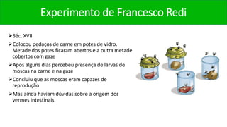 Experimento de Francesco Redi
Séc. XVII
Colocou pedaços de carne em potes de vidro.
Metade dos potes ficaram abertos e a outra metade
cobertos com gaze
Após alguns dias percebeu presença de larvas de
moscas na carne e na gaze
Concluiu que as moscas eram capazes de
reprodução
Mas ainda haviam dúvidas sobre a origem dos
vermes intestinais
 
