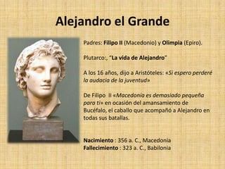 Alejandro el Grande
    Padres: Filipo II (Macedonio) y Olimpia (Epiro).

    Plutarco:, “La vida de Alejandro”

    A los...