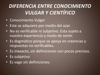 DIFERENCIA ENTRE CONOCIMIENTO
VULGAR Y CIENTÍFICO
• Conocimiento Vulgar
• Este se adquiere por medio del azar.
• No es verificable ni subjetivo. Esta sujeto a
nuestra experiencia y modo de sentir.
• Es dogmático porque se apoya en creencias y
respuestas no verificables.
• Es inexacto, sin definiciones son pocos precisos.
• Es subjetivo
• Es vago sin definiciones.
 