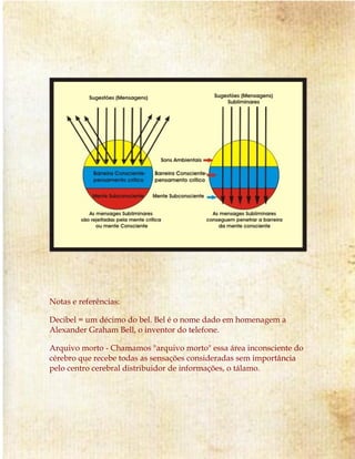 Notas e referências: 
Decibel = um décimo do bel. Bel é o nome dado em homenagem a 
Alexander Graham Bell, o inventor do telefone. 
Arquivo morto - Chamamos "arquivo morto" essa área inconsciente do 
cérebro que recebe todas as sensações consideradas sem importância 
pelo centro cerebral distribuidor de informações, o tálamo. 
 