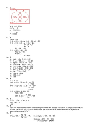 3
O
SIMULADO – ENEM
62. D.
38% 19000
100% P
P =
38
19000.100
P = 50000
63. B.
f(t) = a. t + b
2012  f(0) = 0,9  a. 0 + b = 0,9  b = 0,9
2013  f(1) = 2,3  a. 1 + 0,9 = 2,3
a = 2,3 – 0,9
a = 1,4
f(t) = 1,4. t + 0,9
2014  f(2) = 1,4. 2 + 0,9
f(2) = 2,8 + 0,9
f(2) = 3,7
R = 3,7%
64. C.
M = log A +3. log (8. t) – 2,92
A = 10 cm = 100 m.m t = 24
M = log 10 + 3. log (8. 24) – 2,92
M = 2. log 10 + 3. log (2
6
. 3) – 2,92
M = 2 + 3. (6. log 2 + log 3) – 2,92
M = 2 + 3. [6. (0,30) + 0,48] – 2,92
M = 2 + 3. (1,80 + 0,48) – 2,92
M = 2 + 3. (2,28) – 2,92
M = 2 + 6,84 – 2,92
M = 8,84 – 2,92
M = 5,92
65. A.
f(x) = ax + b
2000  f(0) = 150  a. 0 + b = 150
b = 150
2000  f(x) = 200  a. 5 + 150 = 200
5a = 50
a = 10
2010  f(20) = 10. 20 + 150
f(20) = 350
30% de 350 = 105
100
35030.

66. C.
1. 2
3
+ 1. 2
2
+ 1. 2
1
+ 1. 2
0
=
= 8 + 4 + 2 + 1
= 15
67. D.
Meia-vida é o tempo necessário para desintegrar metade dos isótopos radioativos. O tempo transcorrido foi
de 1h30. De acordo com o gráfico, constatamos que o percentual de dose que restará no organismo é
aproximadamente de 35%.
68. D.
40% de 10% = %4
100
10
.
100
40
 Sem religião  10% – 4% = 6%
Católicos  64% + 4% = 68%
 