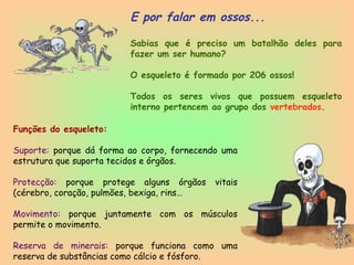 2
E por falar em ossos...
Sabias que é preciso um batalhão deles para
fazer um ser humano?
O esqueleto é formado por 206 ossos!
Todos os seres vivos que possuem esqueleto
interno pertencem ao grupo dos vertebrados.
Funções do esqueleto:
Suporte: porque dá forma ao corpo, fornecendo uma
estrutura que suporta tecidos e órgãos.
Protecção: porque protege alguns órgãos vitais
(cérebro, coração, pulmões, bexiga, rins…
Movimento: porque juntamente com os músculos
permite o movimento.
Reserva de minerais: porque funciona como uma
reserva de substâncias como cálcio e fósforo.
 