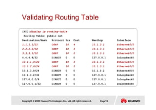 Validating Routing Table
[RTD]display ip routing-table
Routing Table: public net
Destination/Mask Protocol Pre Cost Nexthop Interface
1.1.1.1/32 OSPF 10 4 10.1.3.1 Ethernet0/0
2.2.2.2/32 OSPF 10 3 10.1.3.1 Ethernet0/0
3.3.3.3/32 OSPF 10 2 10.1.3.1 Ethernet0/0
Copyright © 2009 Huawei Technologies Co., Ltd. All rights reserved. Page10
4.4.4.4/32 DIRECT 0 0 127.0.0.1 InLoopBack0
10.1.1.0/24 OSPF 10 3 10.1.3.1 Ethernet0/0
10.1.2.0/24 OSPF 10 2 10.1.3.1 Ethernet0/0
10.1.3.0/24 DIRECT 0 0 10.1.3.2 Ethernet0/0
10.1.3.2/32 DIRECT 0 0 127.0.0.1 InLoopBack0
127.0.0.0/8 DIRECT 0 0 127.0.0.1 InLoopBack0
127.0.0.1/32 DIRECT 0 0 127.0.0.1 InLoopBack0
 