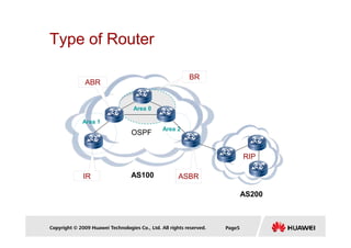 Type of Router
ABR
BR
Area 0
Area 1
Copyright © 2009 Huawei Technologies Co., Ltd. All rights reserved. Page5
IR ASBR
Area 1
Area 2
AS100
AS200
OSPF
RIP
 