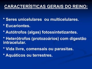 CARACTERÍSTICAS GERAIS DO REINO:
* Seres unicelulares ou multicelulares.
* Eucariontes.
* Autótrofos (algas) fotossintetizantes.
* Heterótrofos (protozoários) com digestão
intracelular.
* Vida livre, comensais ou parasitas.
* Aquáticos ou terrestres.
 