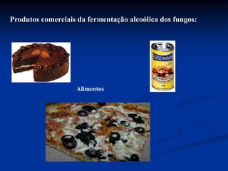 Produtos comerciais da fermentação alcoólica dos fungos:
Alimentos
 