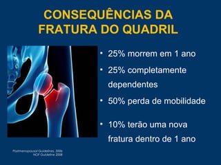 • 25% morrem em 1 ano
• 25% completamente
dependentes
• 50% perda de mobilidade
• 10% terão uma nova
fratura dentro de 1 ano
Postmenopausal Guidelines, 2006
NOF Guideline 2008
CONSEQUÊNCIAS DA
FRATURA DO QUADRIL
 