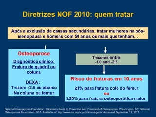 Risco de fraturas em 10 anos
≥3% para fratura colo do femur
ou
≥20% para fratura osteoporótica maior
T-scores entre
-1.0 and -2.5
Diretrizes NOF 2010: quem tratar
Após a exclusão de causas secundárias, tratar mulheres na pós-
menopausa e homens com 50 anos ou mais que tenham…
Osteoporose
Diagnóstico clínico:
Fratura de quadril ou
coluna
DEXA :
T-score -2.5 ou abaixo
Na coluna ou femur
National Osteoporosis Foundation. Clinician’s Guide to Prevention and Treatment of Osteoporosis. Washington, DC: National
Osteoporosis Foundation; 2013. Available at: http://www.nof.org/hcp/clinicians-guide. Accessed September 13, 2013.
 