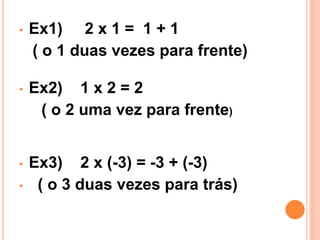 •   Ex1) 2 x 1 = 1 + 1
    ( o 1 duas vezes para frente)

•   Ex2) 1 x 2 = 2
     ( o 2 uma vez para frente)


•   Ex3) 2 x (-3) = -3 + (-3)
•    ( o 3 duas vezes para trás)
 