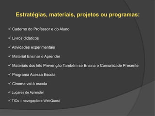 Estratégias, materiais, projetos ou programas:

 Caderno do Professor e do Aluno

 Livros didáticos

 Atividades experimentais

 Material Ensinar e Aprender

 Materiais dos kits Prevenção Também se Ensina e Comunidade Presente

 Programa Acessa Escola

 Cinema vai à escola

 Lugares de Aprender

 TICs – navegação e WebQuest
 