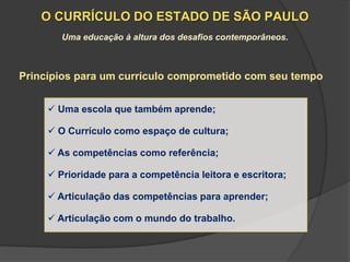 O CURRÍCULO DO ESTADO DE SÃO PAULO
        Uma educação à altura dos desafios contemporâneos.



Princípios para um currículo comprometido com seu tempo


      Uma escola que também aprende;

      O Currículo como espaço de cultura;

      As competências como referência;

      Prioridade para a competência leitora e escritora;

      Articulação das competências para aprender;

      Articulação com o mundo do trabalho.
 