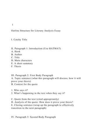 1
Outline Structure for Literary Analysis Essay
I. Catchy Title
II. Paragraph 1: Introduction (Use HATMAT)
A. Hook
B. Author
C. Title
D. Main characters
E. A short summary
F. Thesis
III. Paragraph 2: First Body Paragraph
A. Topic sentence (what this paragraph will discuss, how it will
prove your thesis)
B. Context for the quote
1. Who says it?
2. What’s happening in the text when they say it?
C. Quote from the text (cited appropriately)
D. Analysis of the quote: How does it prove your thesis?
E. Closing sentence (wrap up the paragraph to effectively
transition to the next paragraph)
IV. Paragraph 3: Second Body Paragraph
 