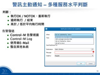警訊主動通知 – 多種服務水平判斷
18
告警發送
 Control-M 告警視窗
 Control-M Log
 使用者E-Mail
 整合其他系統
判斷：
 執行OK／NOTOK、重新執行
 逾時執行 ／結束
 高於／低於平均執行時間
 
