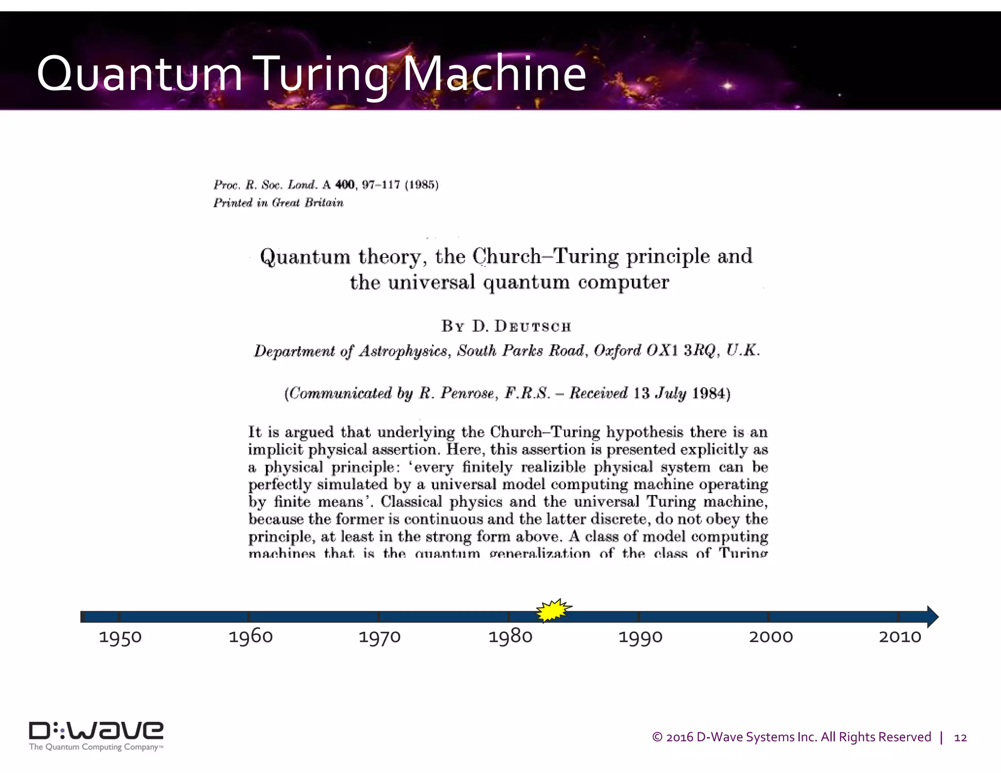 © 2016 D-Wave Systems Inc. All Rights Reserved | 12
QuantumTuring Machine
1950 1960 1970 1980 1990 2000 2010
 