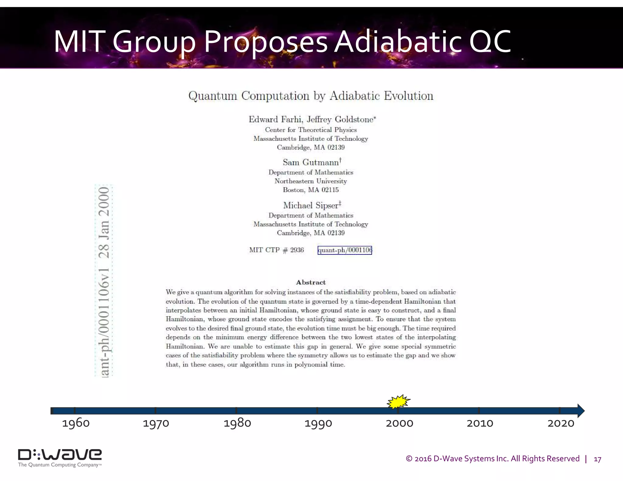 © 2016 D-Wave Systems Inc. All Rights Reserved | 17
MIT Group Proposes Adiabatic QC
1960 1970 1980 1990 2000 2010 2020
 