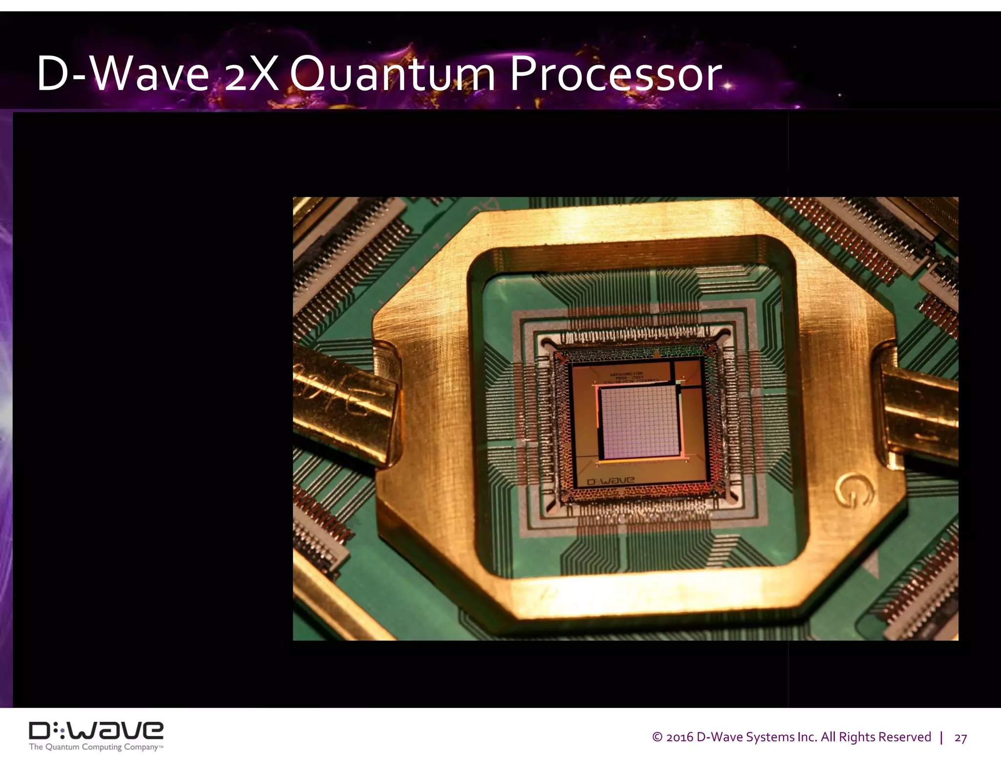 © 2016 D-Wave Systems Inc. All Rights Reserved | 27
D-Wave 2X Quantum Processor
Qubits within red boxes
 
